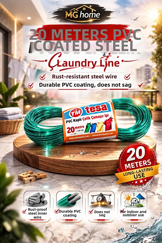 1 Piece 👕 20 Meters 👕 Steel Pvc Coated Clothesline Multi-Purpose Rope Clothesline Drying Line 👕