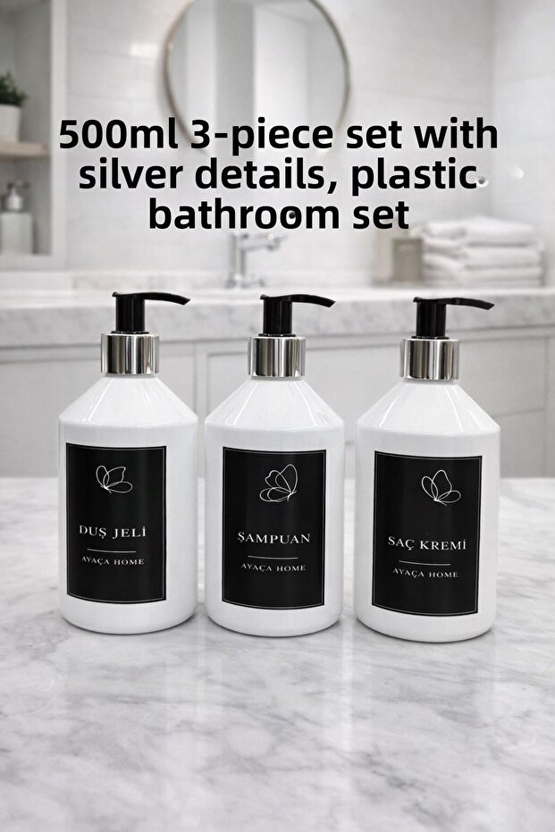 3-Piece Amber Silver Detailed Plastic 500ml Bathroom Set with Shampoo, Conditioner, Liquid Soap Labels
