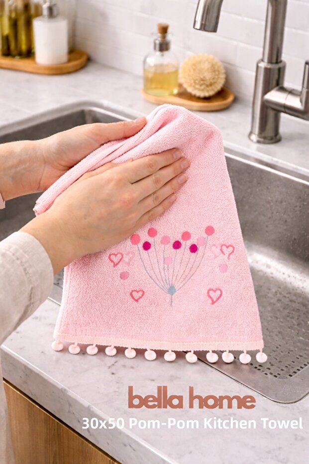 Pompom Kitchen Towel | 30X50 cm | 100% Cotton | Set of 6 | Soft & Highly Absorbent