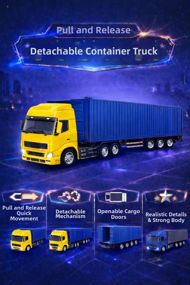 30 cm Pull and Drop Detachable Dorse Container Truck with Opening Luggage Door Diecast Metal Toy Truck