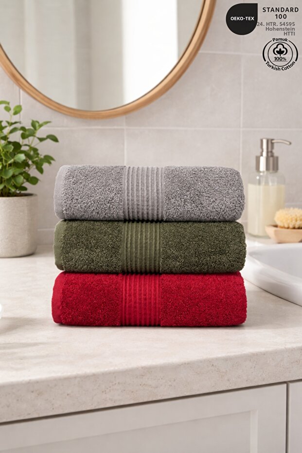 3-Piece Hand Face Towel Set 100% Cotton Certified Bathroom | Kitchen | Dowry Box 50X90Cm Gray Green Claret Red
