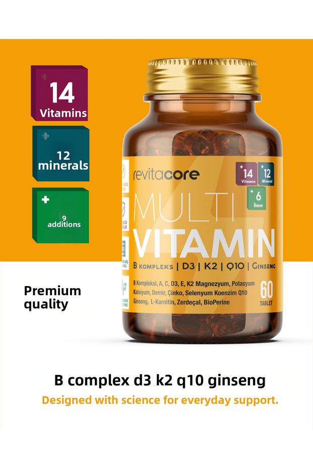 Multivitamin 60 Tablets B Complex D3 K2 Q10 Food Supplement Containing Ginseng