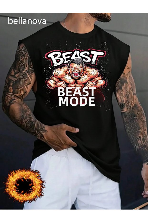 Men's Sports and Casual Stylish Printed Cotton Fabric Black Fitness Singlet