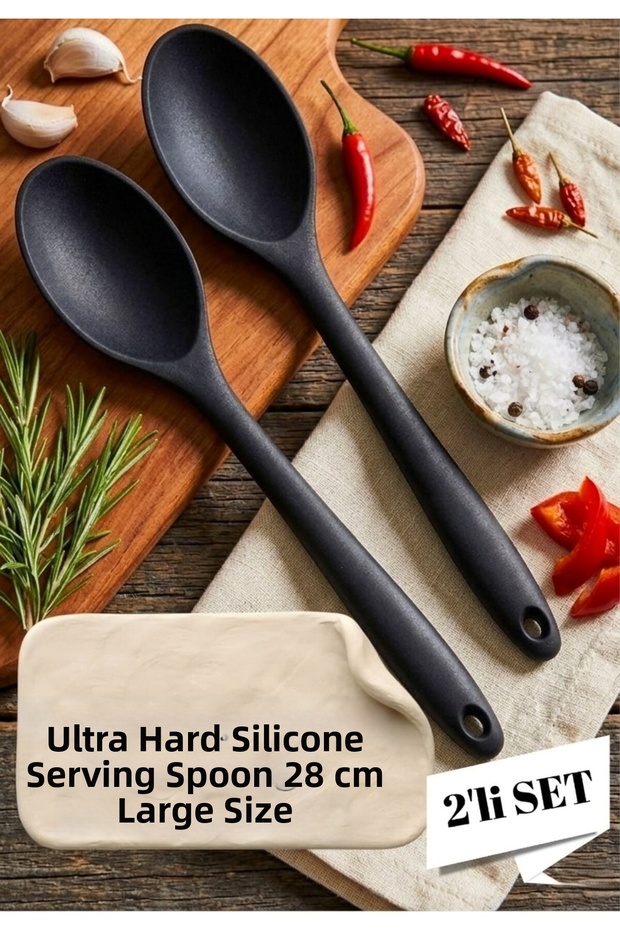 Ultra Hard Tip 2-Piece Silicone Serving Spoon - Large Size 28 cm Fireproof Non-Stick Ergonomic Strappy