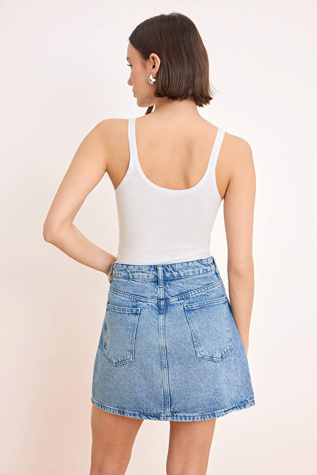 Mavi Orta Bel Mini %100 Pamuklu Mini Denim Etek TWOSS26ET00102 - 4