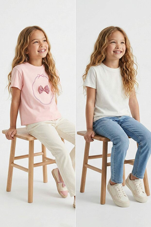 Pembe-Ekru 2'li Fiyonklı Kız Çocuk Baskılı 23 Nisan Örme T-Shirt TKDSS26TS00007 - 2