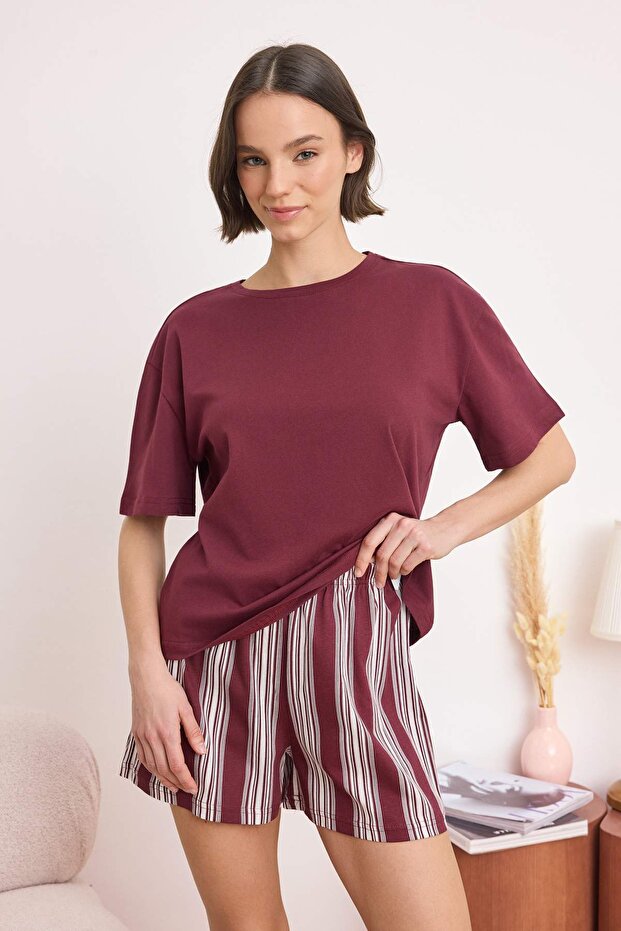 Trendyolmilla  Bordo %100 Pamuklu Çizgili Örme Pijama Takımı THMSS26PT00167 - Görsel 2