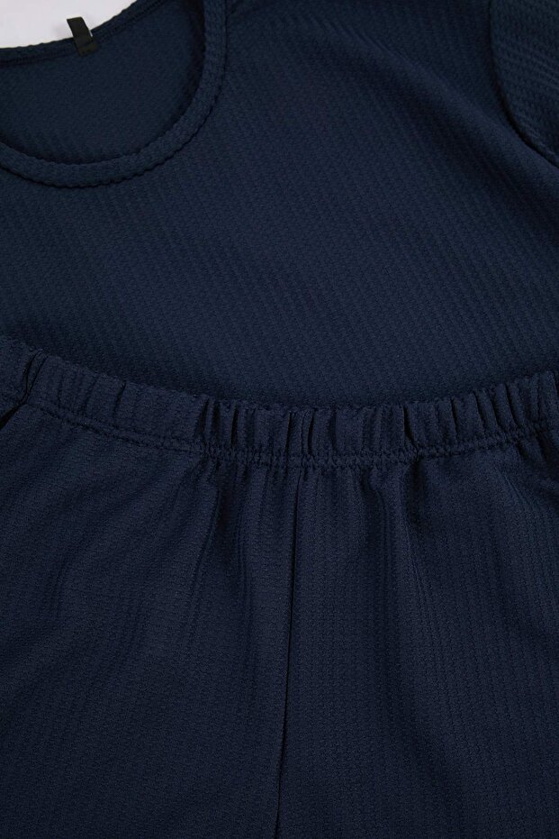 Lacivert Regular Fit Dokulu Esnek Örme Pijama Takımı TMNSS26PT00018 - 8