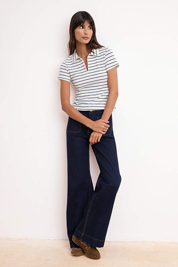Lacivert Çizgili Normal Kalıp Polo Yaka Fermuarlı Crop Yumuşak Örme Bluz TWOSS26TS00025 - 2