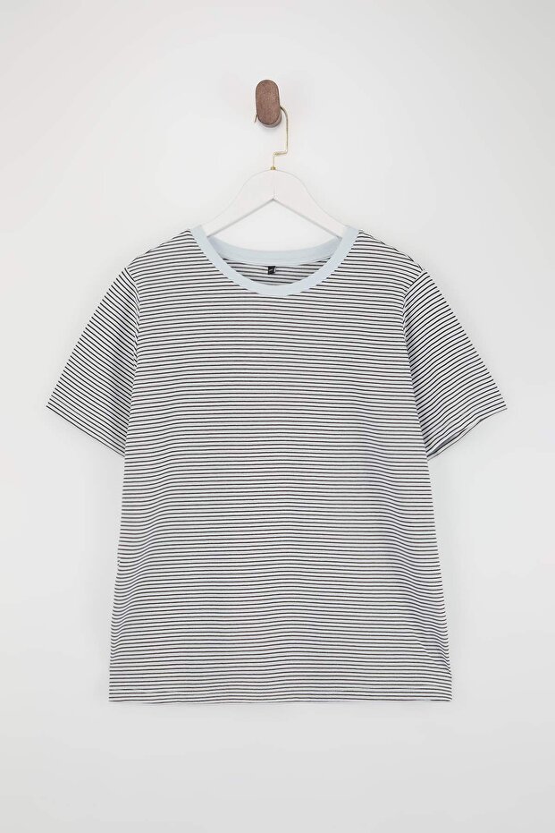 Kahverengi Çizgili Bisiklet Yaka Çizgili Örme T-Shirt TBBSS23BF00068 - 1