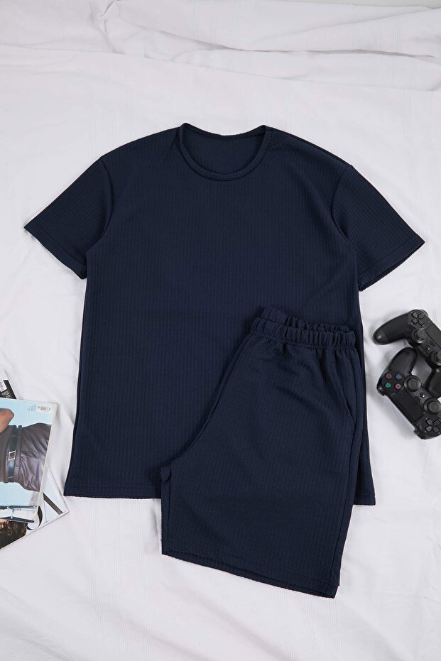 Lacivert Regular Fit Dokulu Esnek Örme Pijama Takımı TMNSS26PT00018 - 5