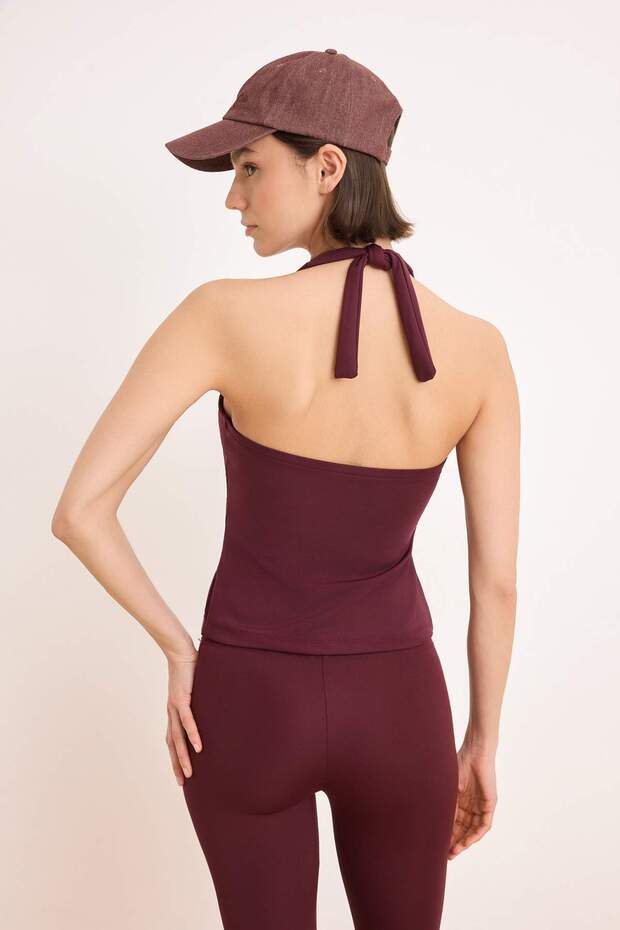 Bordo Dalgıç/Scuba Kumaş Boyundan Bağlama Detaylı Örme Spor Üst/Bluz THMSS26BZ00007 - 6