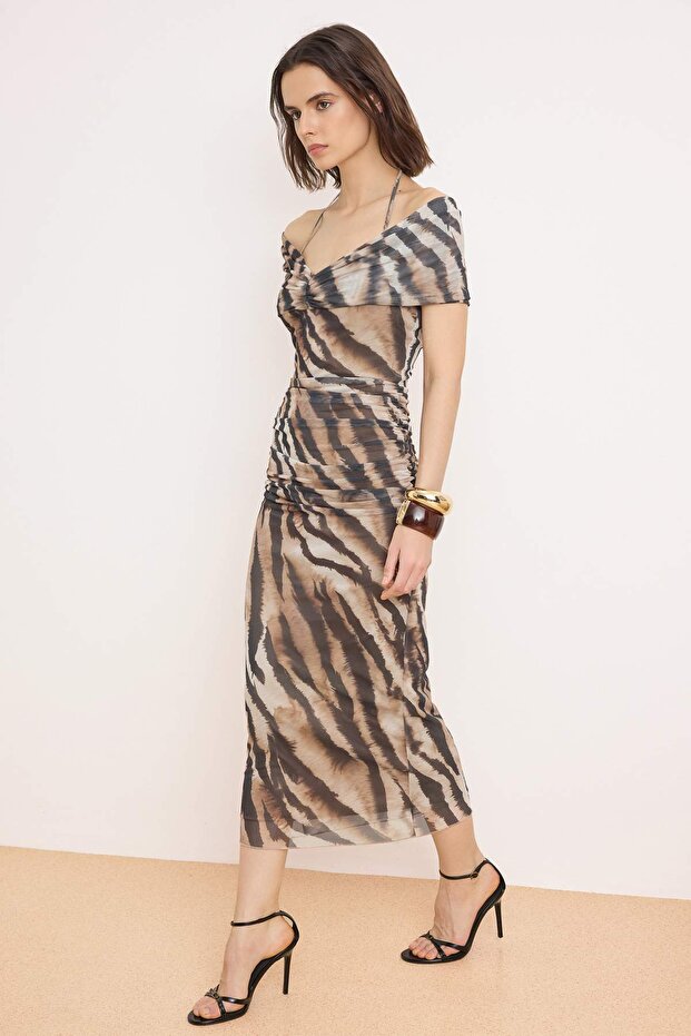 Renkli Zebra Desenli Düz Büzgü / Drape Örme Tül Midi Astarlı Party Elbise - 1