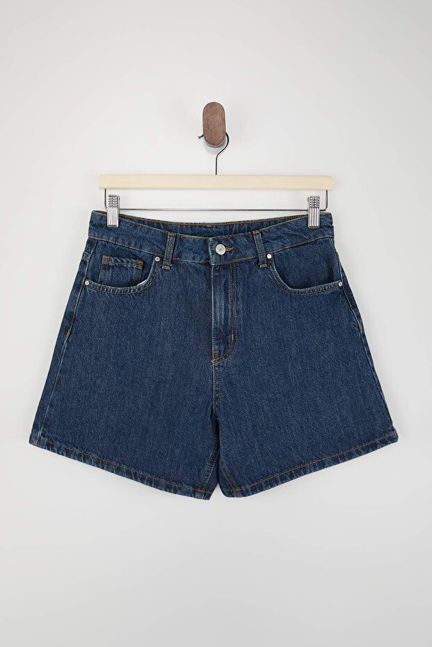 Koyu Mavi More Sustainable City Boy Yüksek Bel %100 Pamuk Denim Şort TWOSS26SR00054 - 7