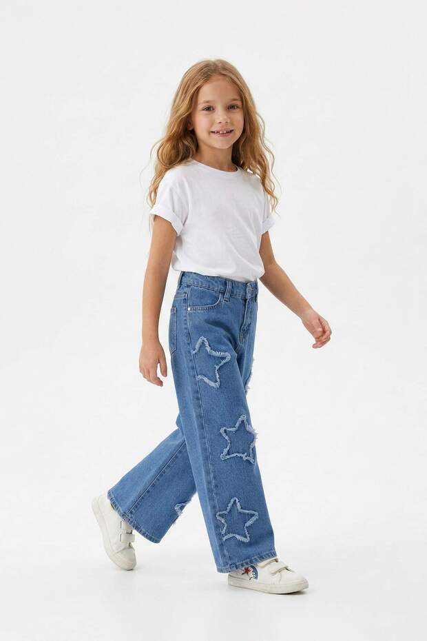 Mavi Kız Çocuk Geniş Paça Yıldız Desenli %100 Pamuk Lastikli Denim Pantolon TKDAW25PL00001 - 3