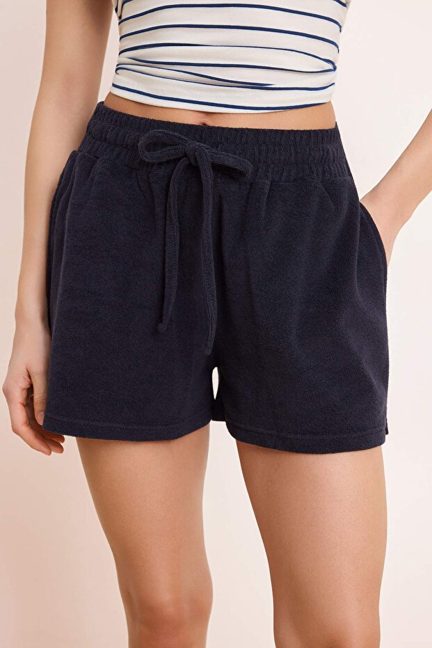 Lacivert Regular Lastikli Boru Paça Kısa Havlu Örme Şort & Bermuda TWOSS26SR00051 - 3