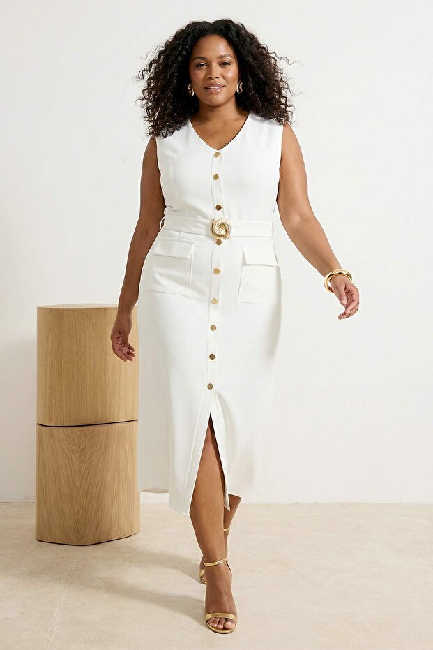 Spezielle Kollektion: Weißes gewebtes Midi-Kleid mit Gürtel und Accessoire-Details TBBAW26AH00094 - 1