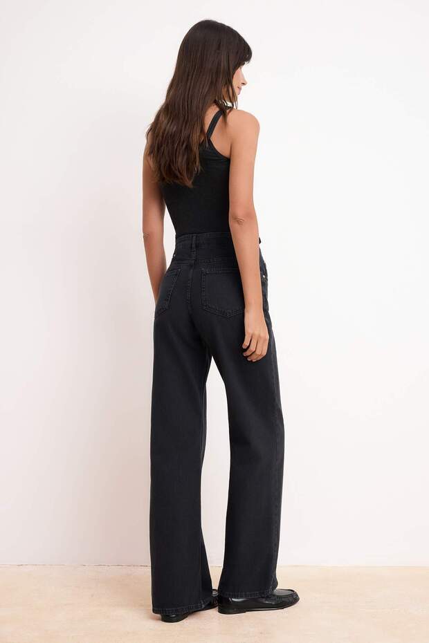 Siyah DÖKÜMLÜ Yüksek Bel MEVSİMLİK %100 Pamuk Uzun Boy Wide Leg Jeans TWOSS26JE00127 - 4