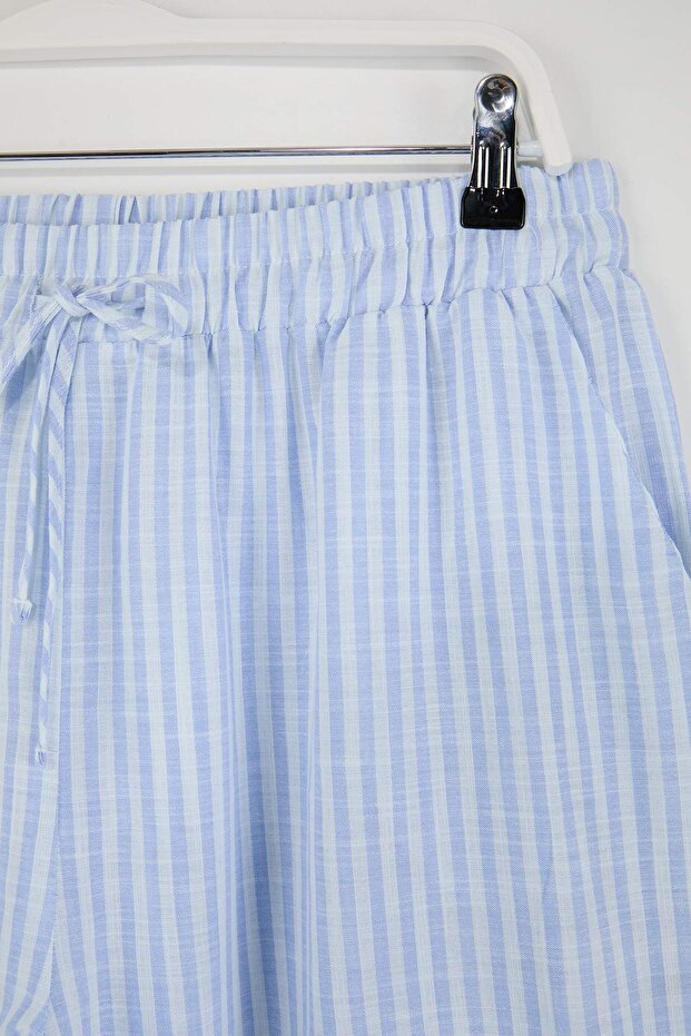 Mavi Çizgili Şort-Pantolon Paket Dokuma Büyük Beden Pijama Altı TBBSS26IA00009 - 13