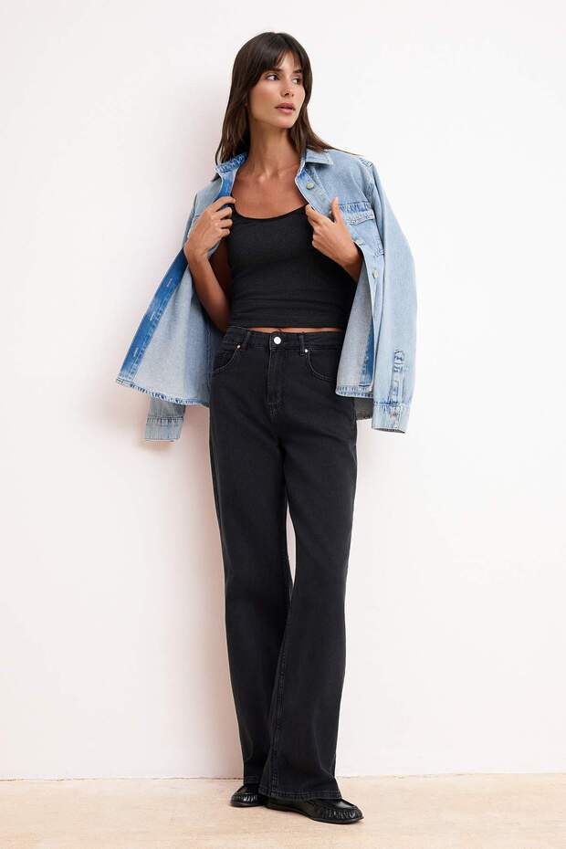 Siyah DÖKÜMLÜ Yüksek Bel MEVSİMLİK %100 Pamuk Uzun Boy Wide Leg Jeans TWOSS26JE00127 - 2