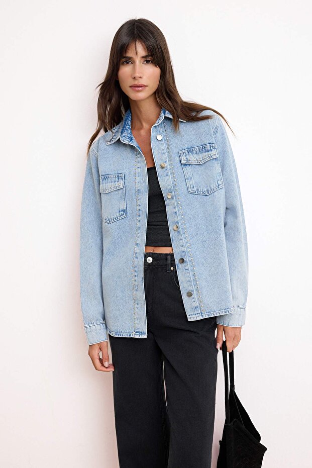 Açık Mavi Trok Detaylı Regular 100% Pamuk Oversize Denim Gömlek Ceket TWOSS26GO00003 - 2