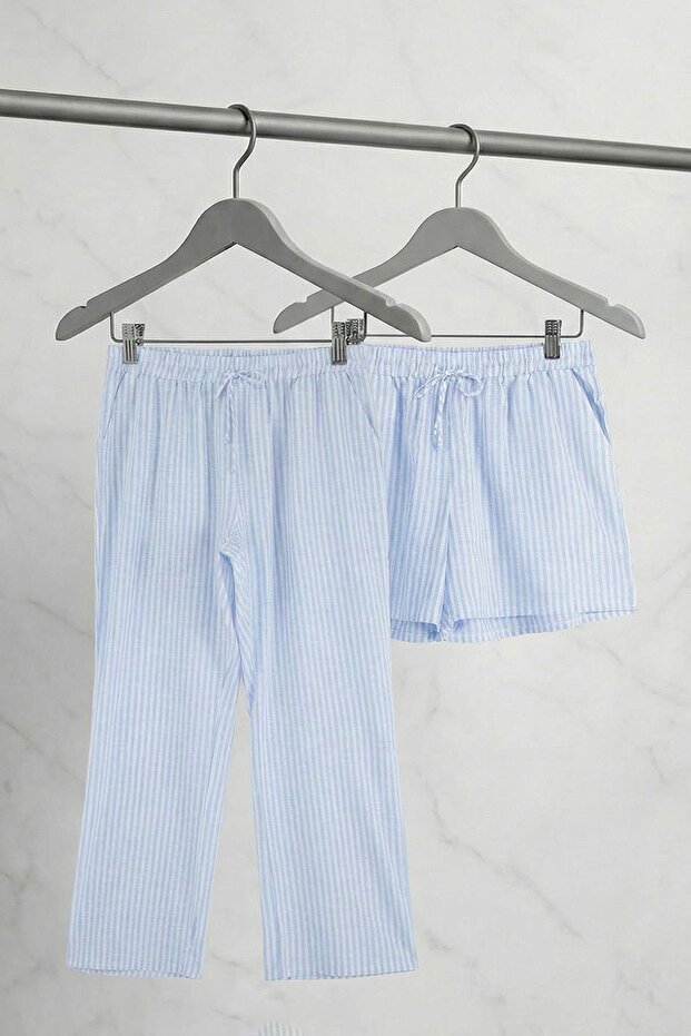 Mavi Çizgili Şort-Pantolon Paket Dokuma Büyük Beden Pijama Altı TBBSS26IA00009 - 8