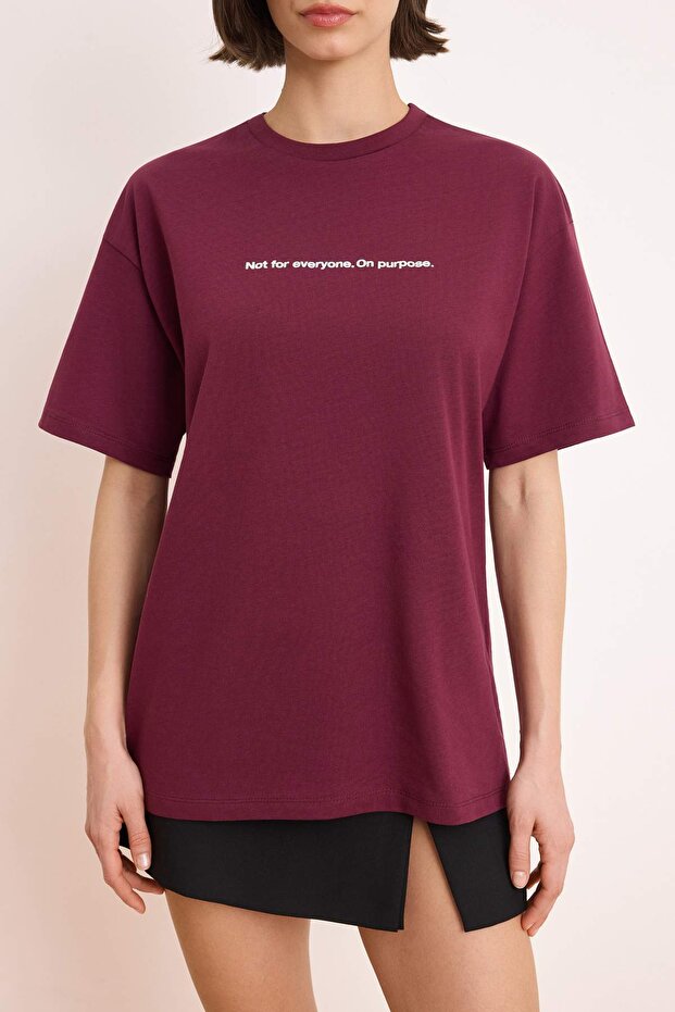 Mürdüm Slogan Oversize/Geniş Kalıp Düşük Kol Kısa Kollu %100 Pamuk Örme T-Shirt TWOSS26TS00172 - 3
