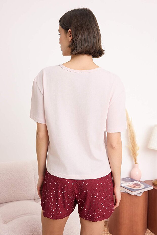 Bordo-Pembe %100 Pamuklu Yıldız Desenli Şortlu Örme Pijama Takımı THMSS24PT00202 - 4