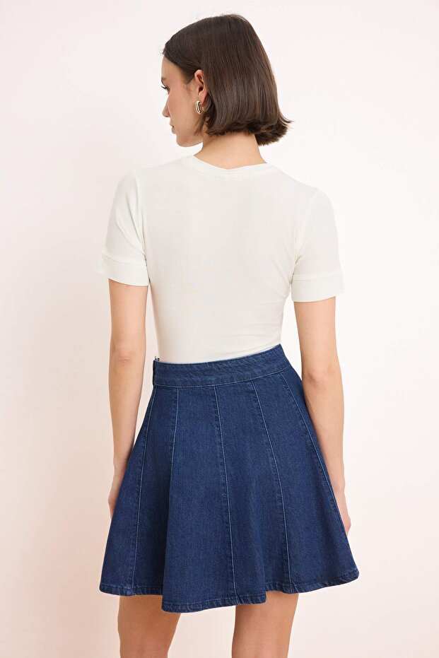 Koyu Mavi Volanlı %100 Pamuk Mini Denim Etek TWOSS26ET00068 - 4