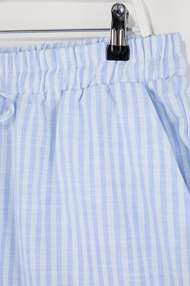 Mavi Çizgili Şort-Pantolon Paket Dokuma Büyük Beden Pijama Altı TBBSS26IA00009 - 10