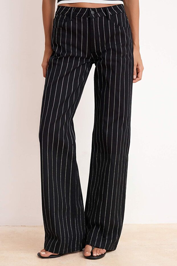 Siyah Lurex Çizgili Yüksek Bel %100 Pamuk Wide Leg Jeans TWOSS26JE00071 - 3