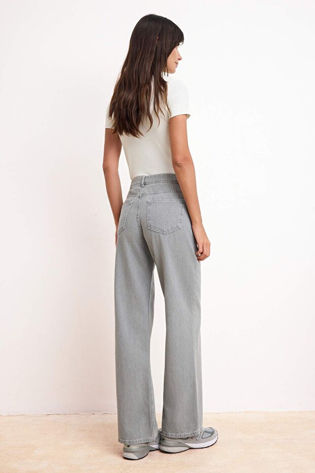 Gri DÖKÜMLÜ Yüksek Bel MEVSİMLİK %100 Pamuk Uzun Boy Wide Leg Jeans TWOSS26JE00127 - 4