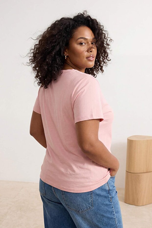 Bordo Pembe 2'li Paket Basic V Yaka %100 Pamuk Örme Büyük Beden T-Shirt TBBSS22TS0705 - 4
