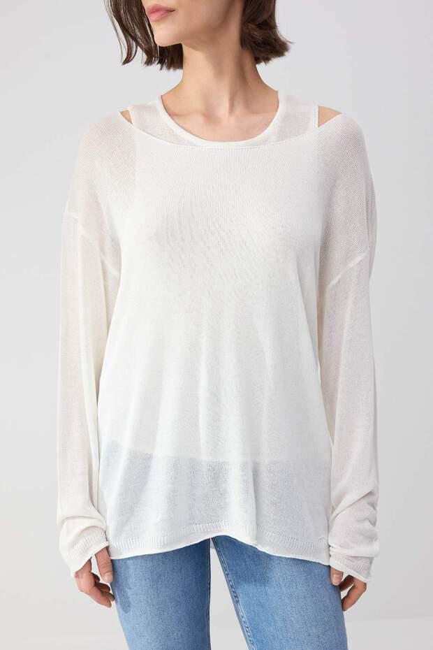 Wardrobe Essentials Ekru Kayık Yaka Oversize 2'li Atlet-Bluz Triko İnce Bluz TWOSS26BZ00283 - 4