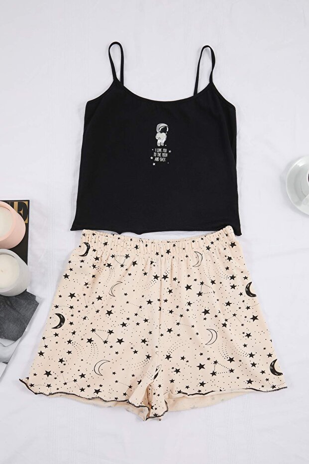Trendyolmilla  Teen Siyah-Ekru Pamuklu Yumuşak Tuşe Galaksi Örme Pijama Takımı THMSS26PT00128 - Görsel 3