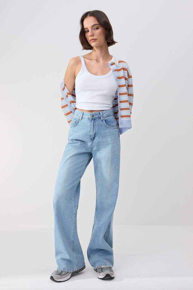 Trendyolmilla Wardrope Essentials Açık Mavi DÖKÜMLÜ Yüksek Bel Wide Leg Jeans TWOSS26JE00128 - 1