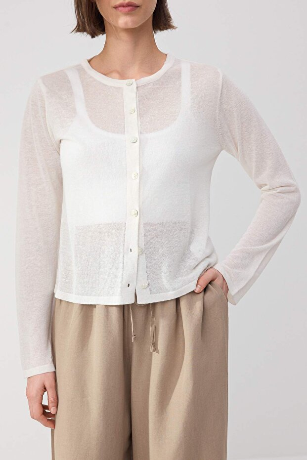 Wardrobe Essentials Ekru Bisiklet Yaka Keten İnce Triko Hırka TWOSS26HI00009 - 3