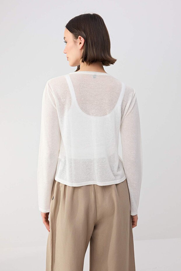 Wardrobe Essentials Ekru Bisiklet Yaka Keten İnce Triko Hırka TWOSS26HI00009 - 4
