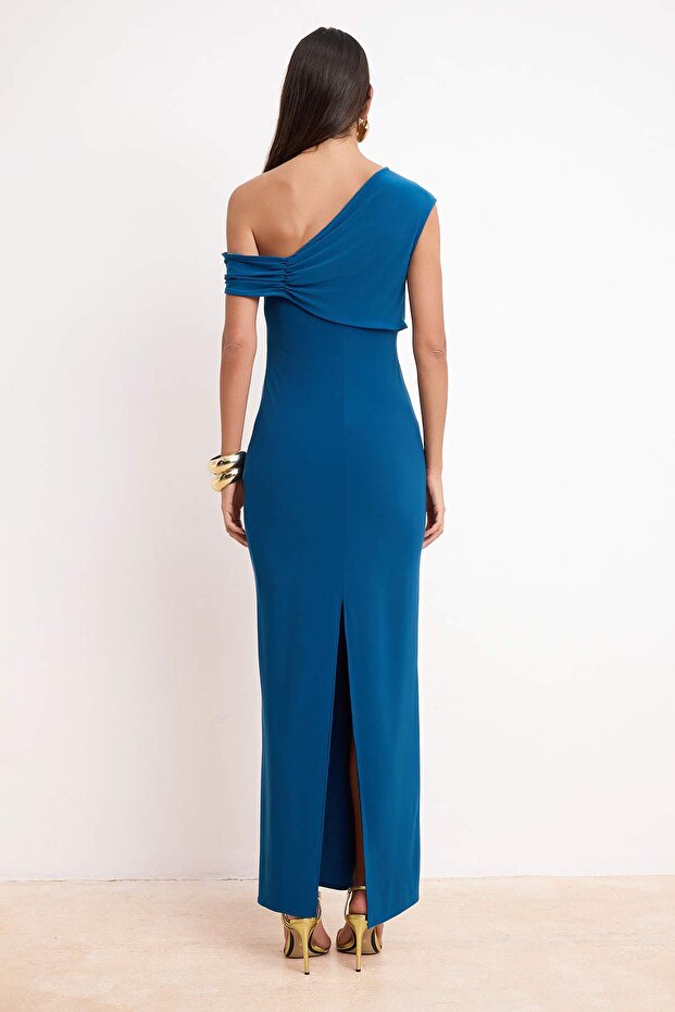 Petrol Büzgü / Drape Detaylı Saten Maxi Abiye & Mezuniyet Elbisesi TPRSS26AE00016 - 4