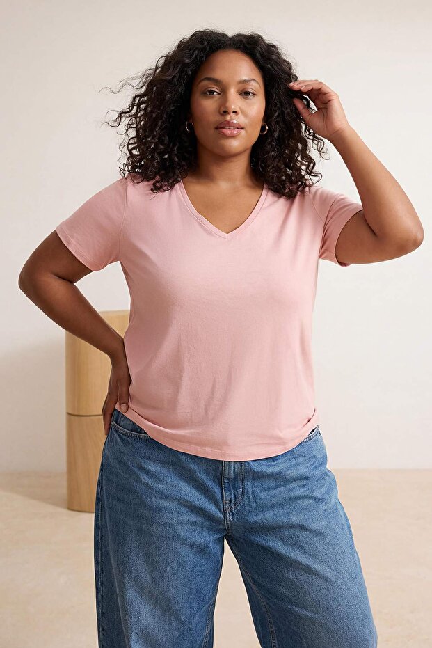 Bordo Pembe 2'li Paket Basic V Yaka %100 Pamuk Örme Büyük Beden T-Shirt TBBSS22TS0705 - 3