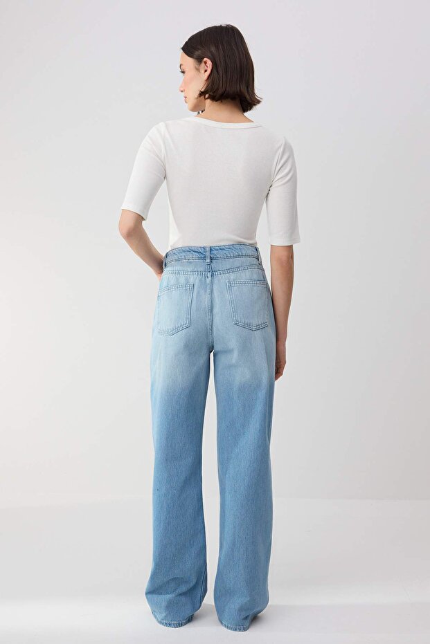 Trendyolmilla Wardrope Essentials Mavi DÖKÜMLÜ Yüksek Bel %100 Pamuk Wide Leg Jeans TWOSS26JE00123 - 5