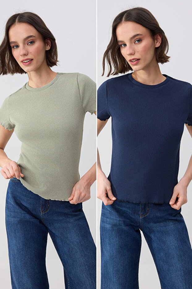Wardrobe Essentials-Lacivert-Haki 2'li Paket Fitted/Vücuda Oturan Esnek Örme T-Shirt TWOSS26TS00154 - 1