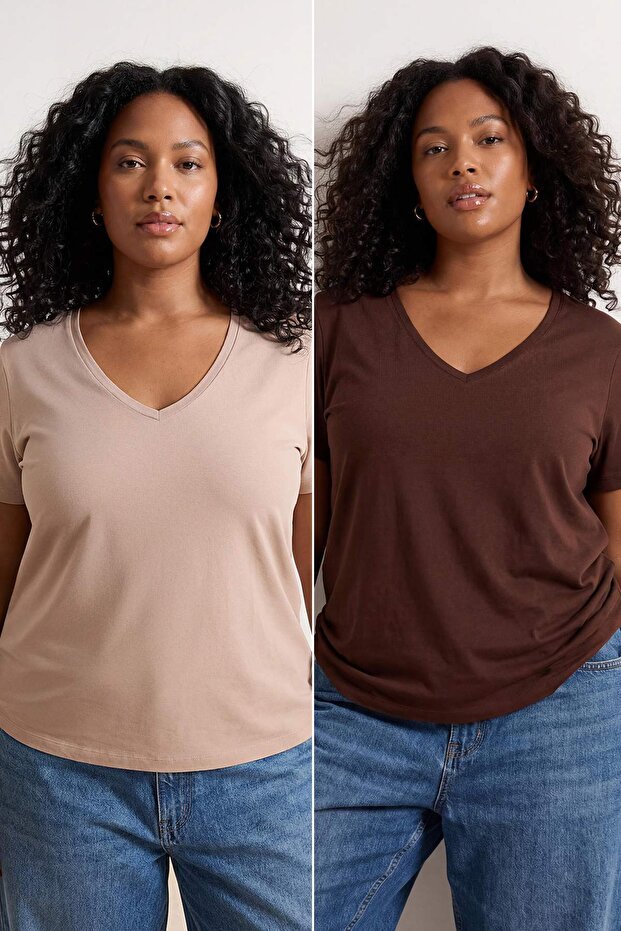 Kahverengi-Taş 2'li Paket Basic V Yaka %100 Pamuk Örme Büyük Beden T-Shirt TBBSS22TS0705 - 1