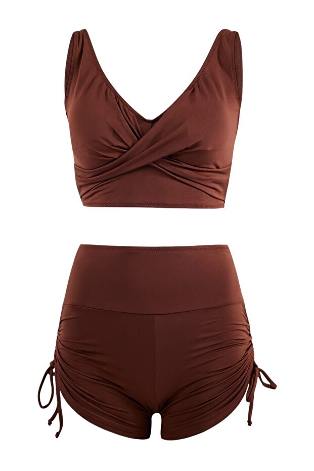 Kahverengi Tünelli Bralette Kaplı Bağlama Detaylı Şort Bikini Takımı TBESS26BT00007 - 4