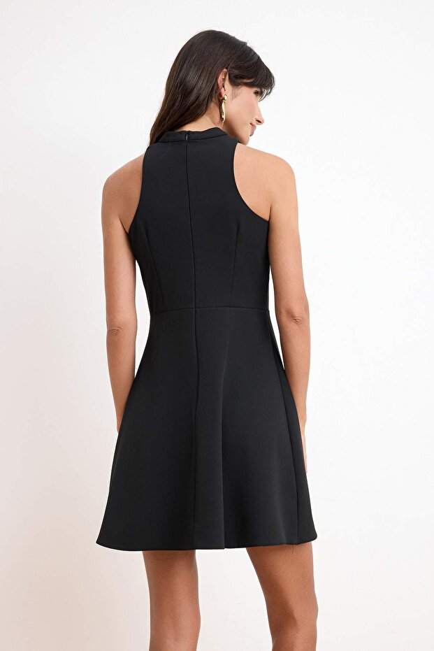Wardrope Essentials Siyah Degaje Yaka Kısa / Mini Esnek Dokuma Elbise TWOSS26EL00378 - 4