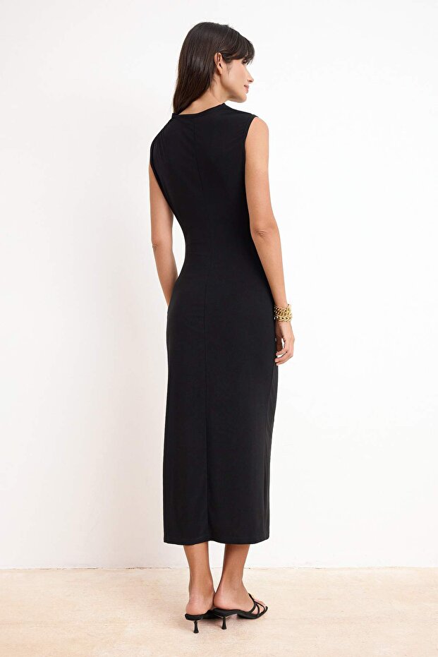 Siyah Düz Bodycon Dik Yaka Kolsuz Midi Esnek Örme Elbise TWOSS26EL00370 - 4