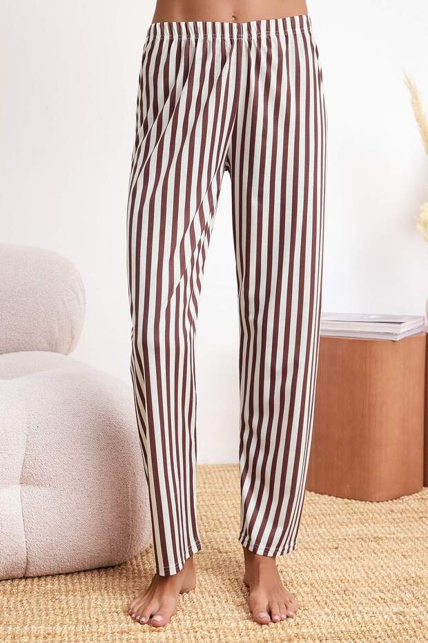 Kahverengi 3'lü Çizgili Kurdele Detaylı Örme Pijama Takımı THMSS26PT00068 - 4