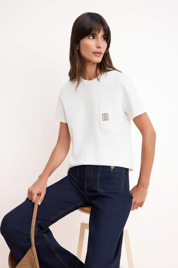 Ekru Regular/Normal Kalıp Kısa Kollu Nakışlı Tok %100 Pamuk Örme T-Shirt TWOSS26TS00063 - 1