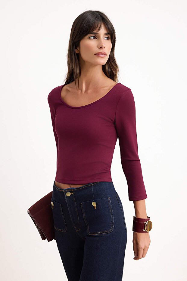 Bordo Fitted/Vücuda Oturan Havuz Yaka Ay Kol Truvakar İnterlok Örme Bluz TWOSS26BZ00639 - 2