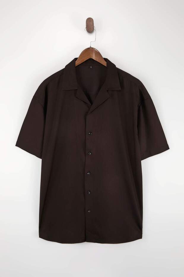 Kahverengi Normal Kalıp/Regular Fit &100 Pamuk Gabardin Kısa Kol Dokuma Erkek Gömlek TMNSS26GO00016 - 4